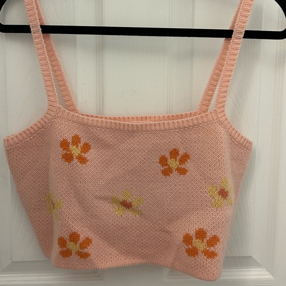 Emory Park Pink and Flower Knit Crop Top, Sz L - Picture 1 of 7
